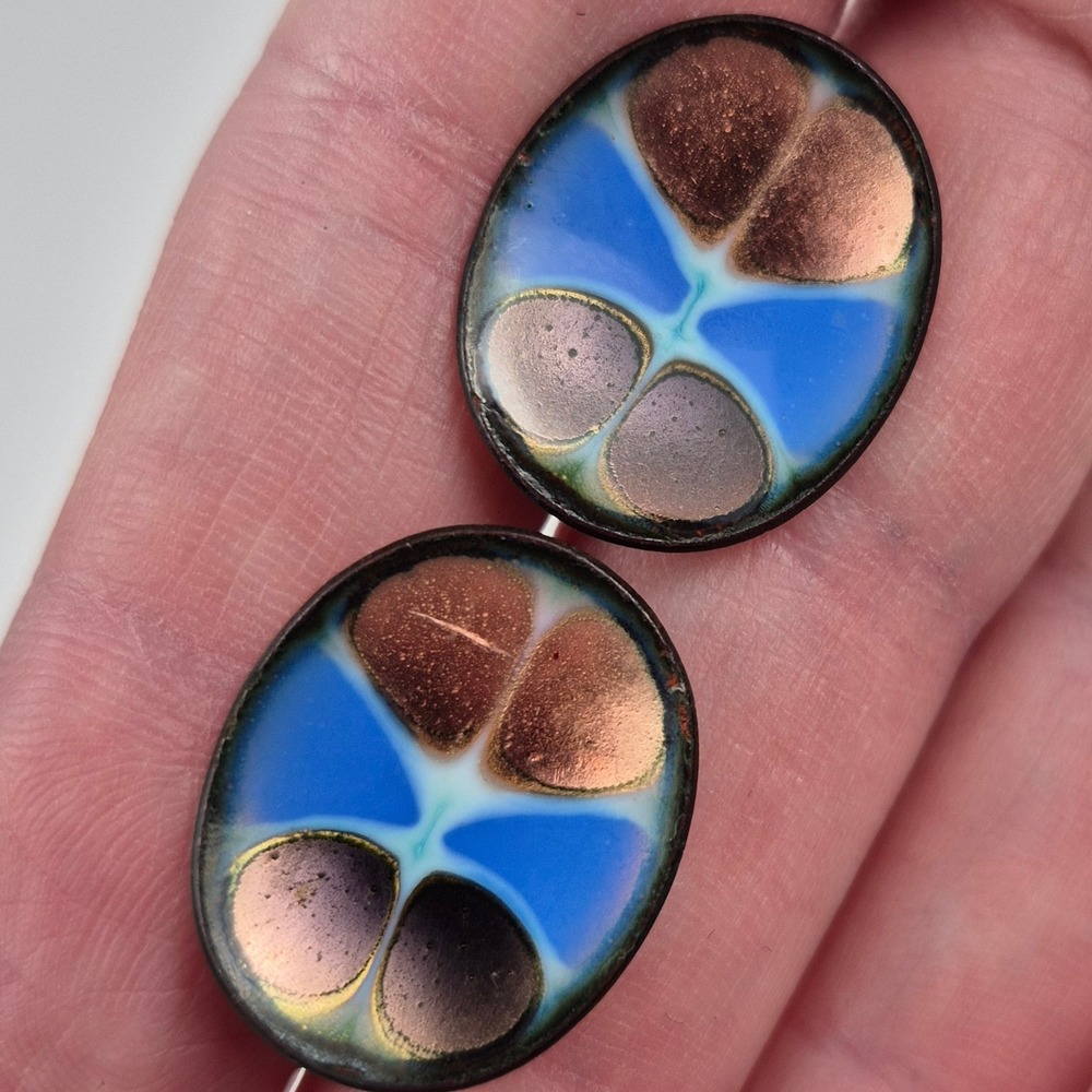 VTG Hogan Bolas Enamel Screw Back Earrings MCM Abstract‎ Blue Copper Modernist